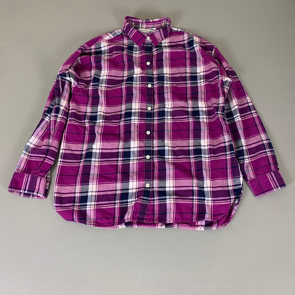 Old Navy Womens The Boyfriend Shirt Flannel Size Large Purple‎ Plaid Button Down